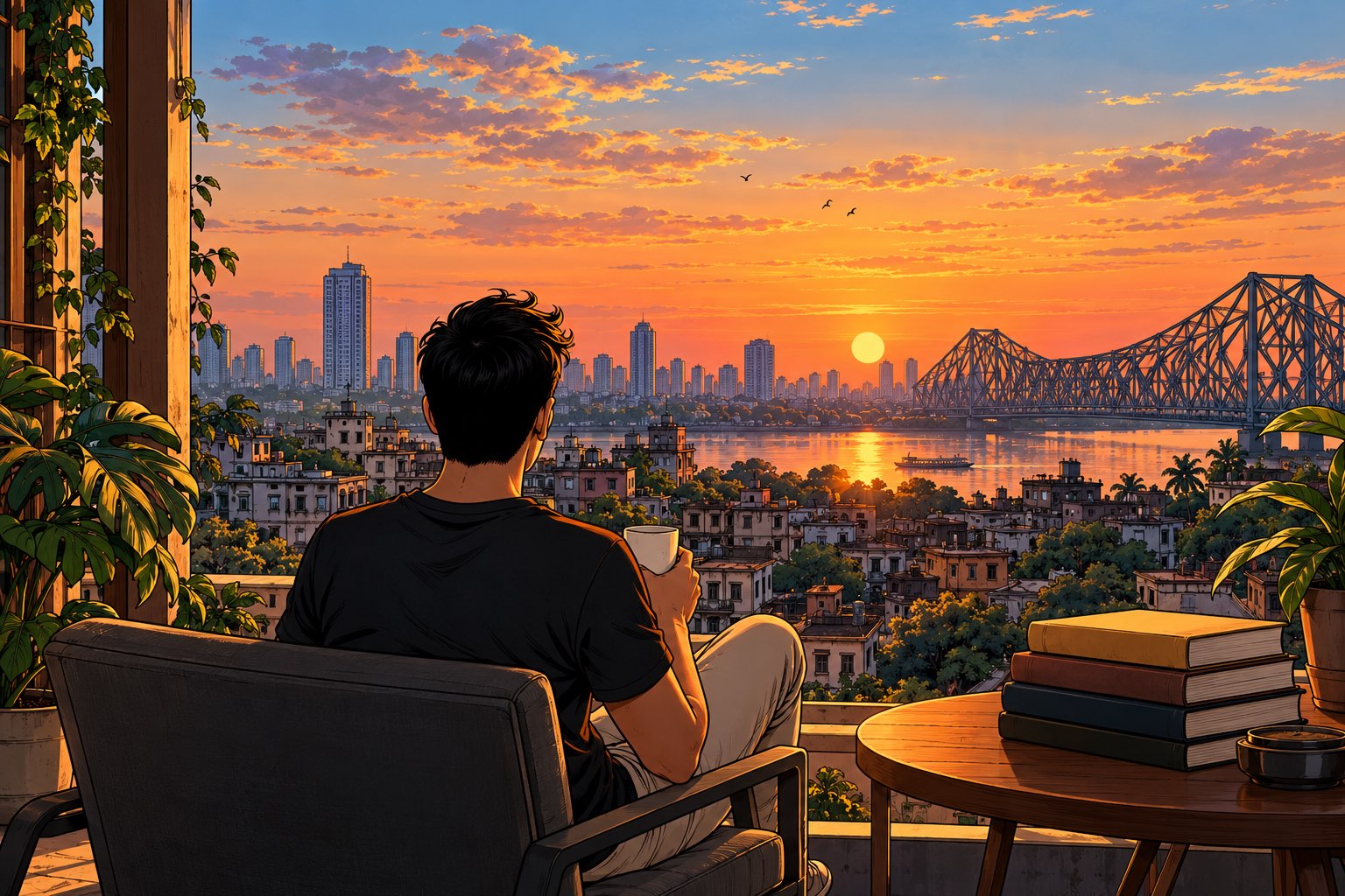 Illustration: a young man with a cup of tea sits on a balcony looking out over Kolkata's rooftops, the Hooghly river and the Howrah Bridge at sunset.