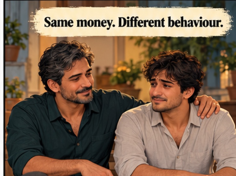 Comic panel: two brothers sit together on a step. Caption: Same money. Different behaviour.